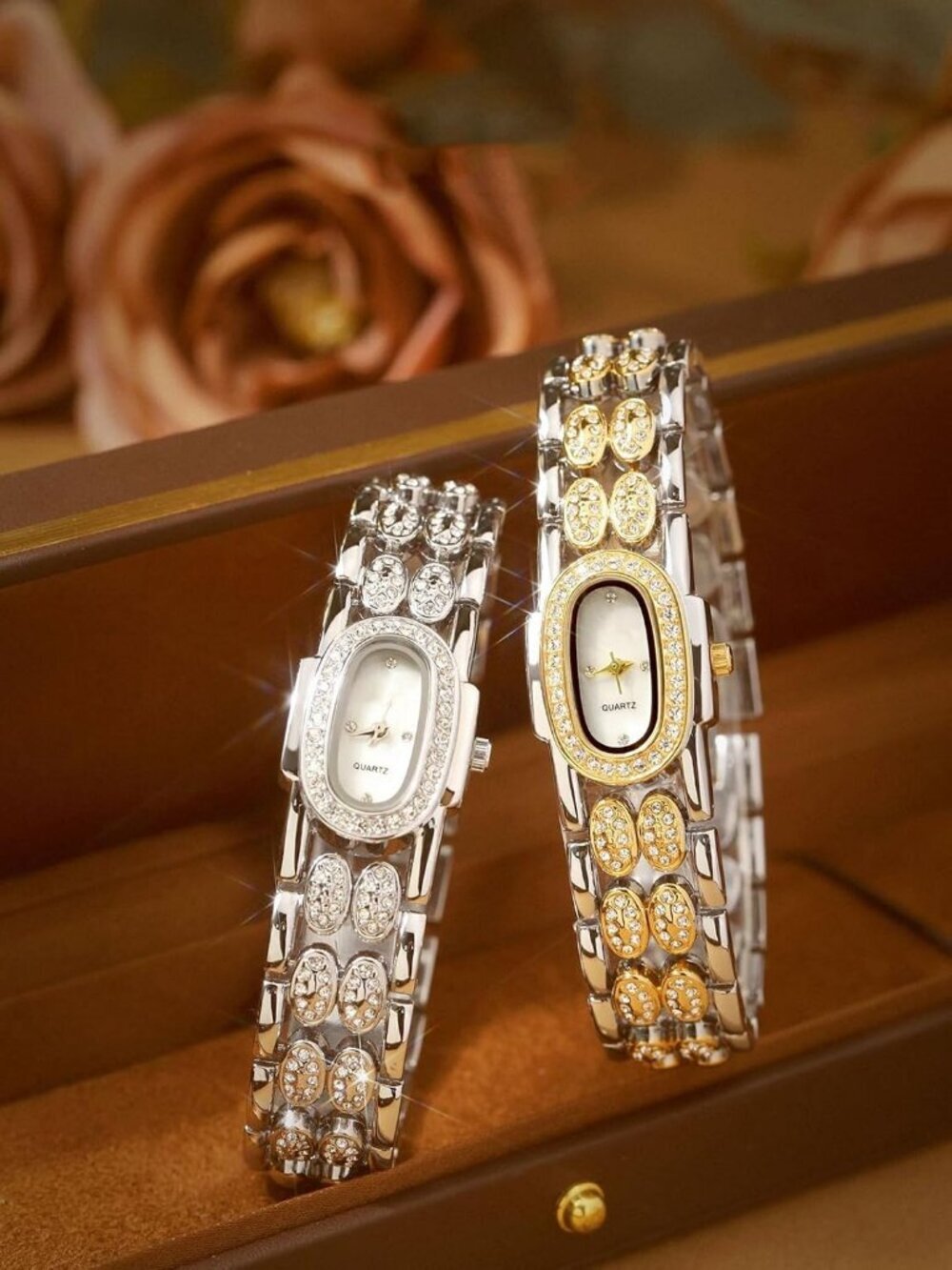 Women's Two Tone White Luxury Vintage Rhinestone Bracelet Oval Quartz Wristwatch - Picture 5 of 6